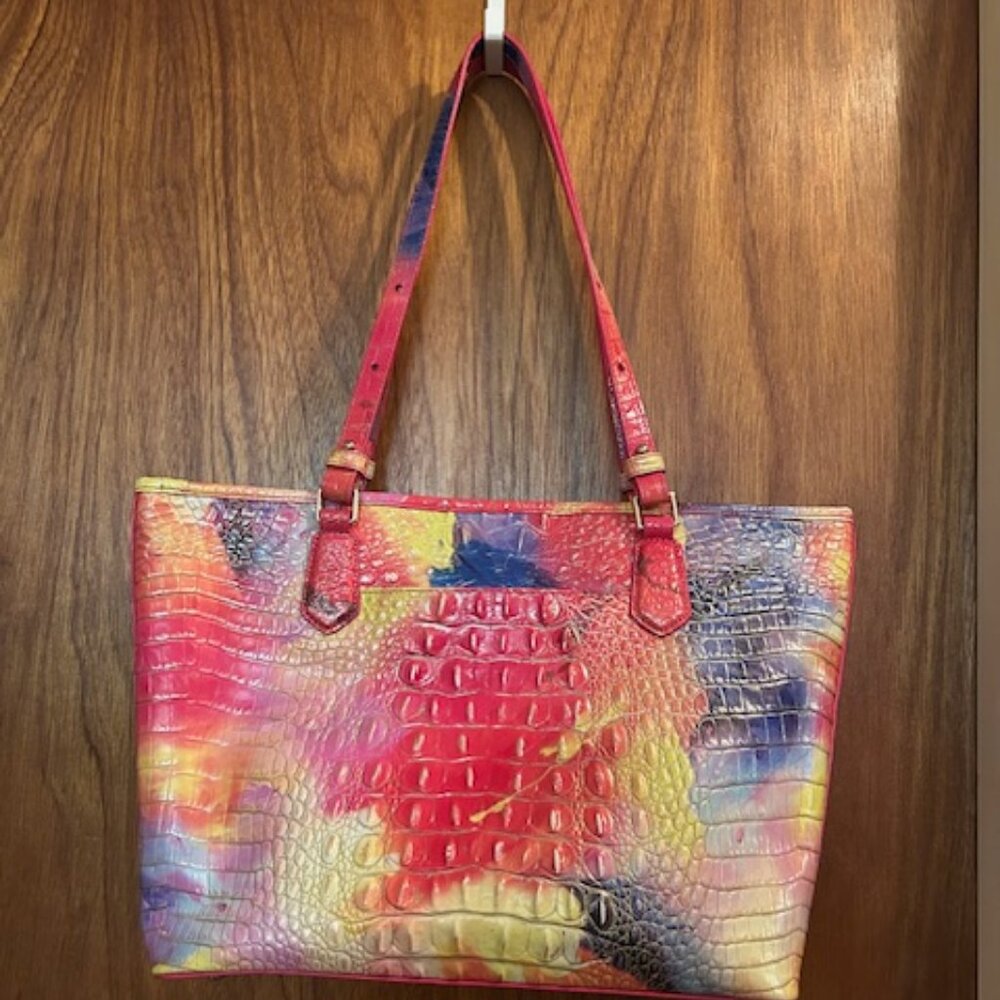 Brahmin Multicolor Croc Embossed Shoulder Bag – Colorblock Gold Buckle Purse